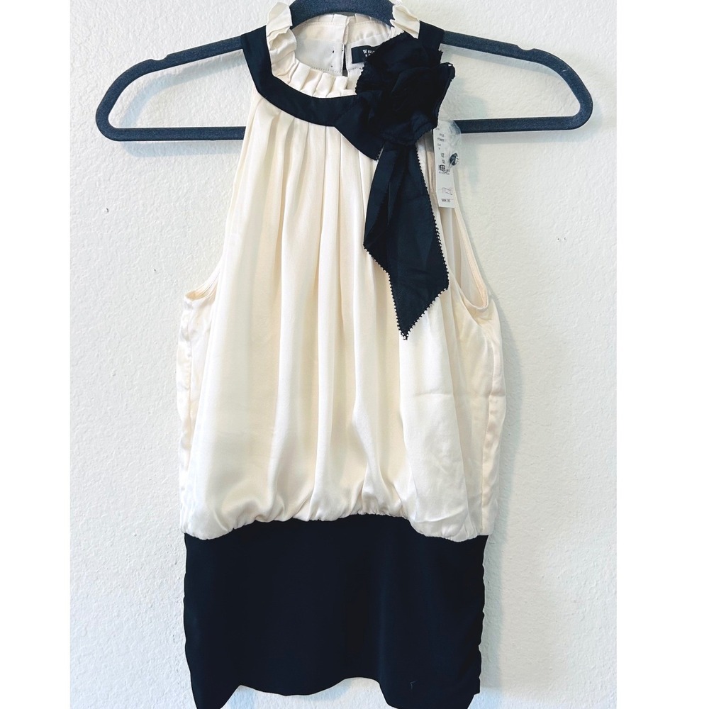 White‎ House Black Market Silk Halter Top Floral Brooch Ivory Black XS NWT